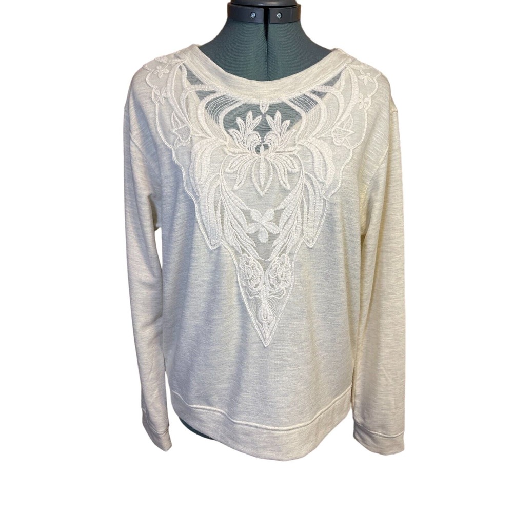 Knox Rose Sz S Cream Lace Front Applique Pullover Sweatshirt Blouse